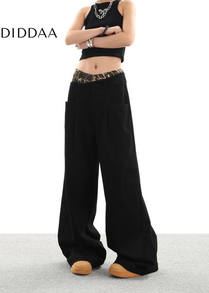 Black Leopard Print Panel Wide Leg Casual Pants - Women’s Jeans