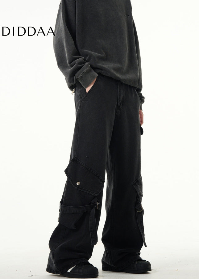 Black Loose Fit Cargo Jeans with Large Pockets - Men’s Jeans