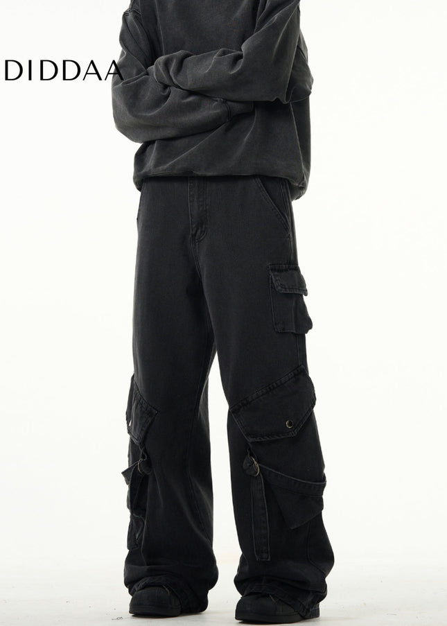 Black Loose Fit Cargo Jeans with Large Pockets - Men’s Jeans
