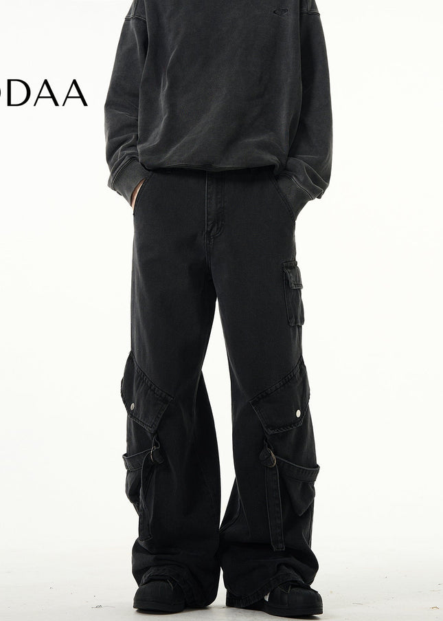 Black Loose Fit Cargo Jeans with Large Pockets - S / Black - Men’s Jeans