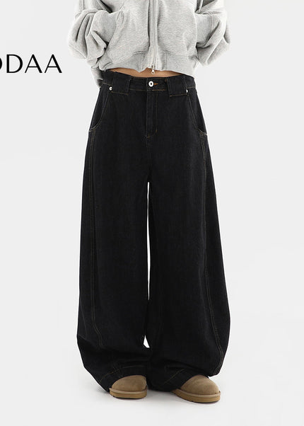 Black Loose Fit Wide Leg Jeans with Niche Design - S / Black - Women’s Jeans