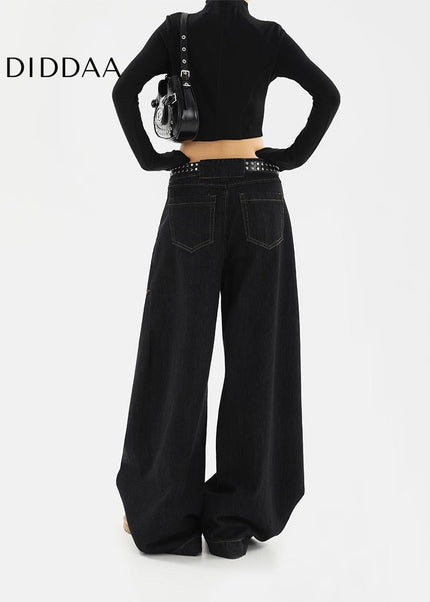 Black Loose Fit Wide Leg Jeans with Niche Design - Women’s Jeans