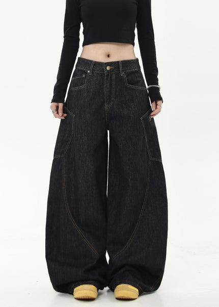 Black Loose Wide-Leg Long-Pocket Cargo Pants - Women’s Jeans