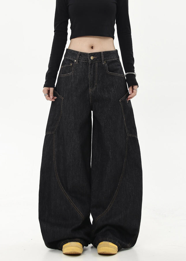 Black Loose Wide-Leg Long-Pocket Cargo Pants - Women’s Jeans