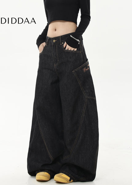 Black Loose Wide-Leg Long-Pocket Cargo Pants - Women’s Jeans