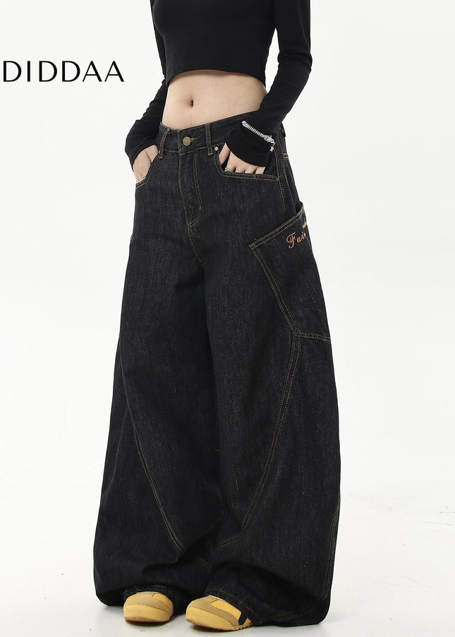 Black Loose Wide-Leg Long-Pocket Cargo Pants - Women’s Jeans