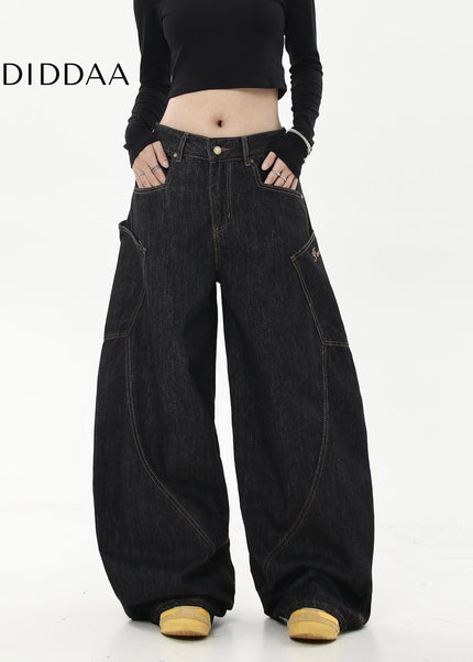 Black Loose Wide-Leg Long-Pocket Cargo Pants - Women’s Jeans
