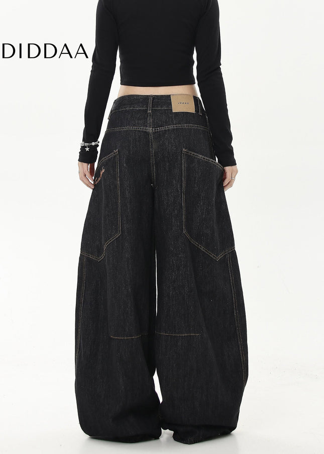Black Loose Wide-Leg Long-Pocket Cargo Pants - Women’s Jeans