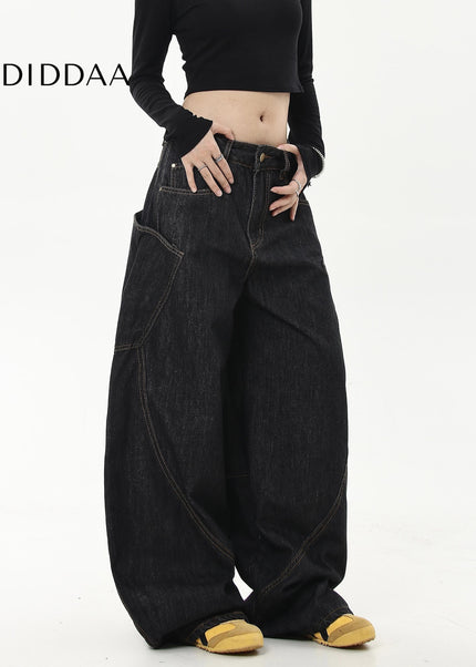 Black Loose Wide-Leg Long-Pocket Cargo Pants - Women’s Jeans