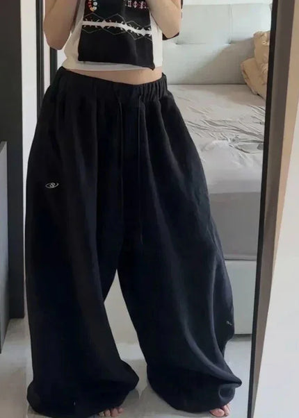 Black Oversize Cotton Jogger Pants with Drawstring - Black / S - Unisex Sweatpants
