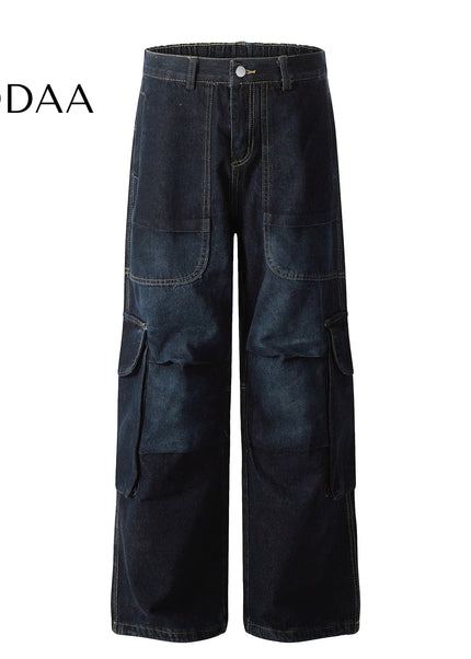 Black Pleated Multi-Pocket Cargo Jeans for Men and Women - S / Dark Blue - Women’s Jeans