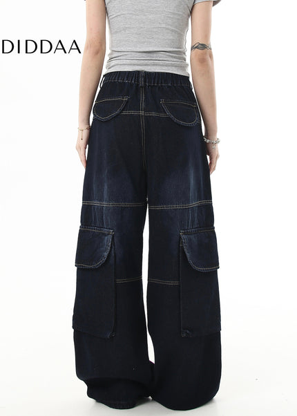 Black Pleated Multi-Pocket Cargo Jeans for Men and Women - Women’s Jeans