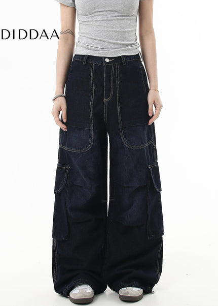 Black Pleated Multi-Pocket Cargo Jeans for Men and Women - Women’s Jeans