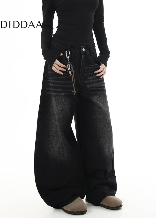 Black Premium Embroidered Loose Straight Jeans - Women’s Jeans