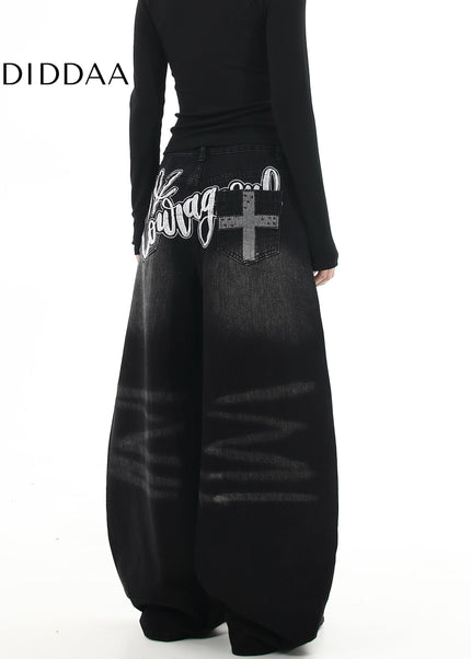 Black Premium Embroidered Loose Straight Jeans - Women’s Jeans