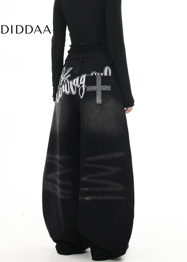 Black Premium Embroidered Loose Straight Jeans - Women’s Jeans