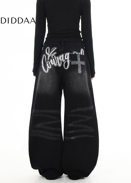 Black Premium Embroidered Loose Straight Jeans - Women’s Jeans