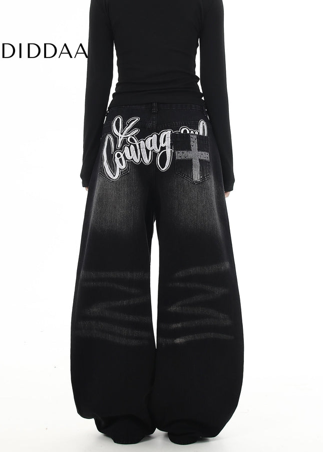 Black Premium Embroidered Loose Straight Jeans - Women’s Jeans