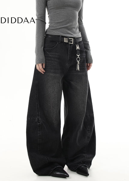 Black Retro Scimitar Loose Straight Wide-Leg Jeans - Women’s Jeans