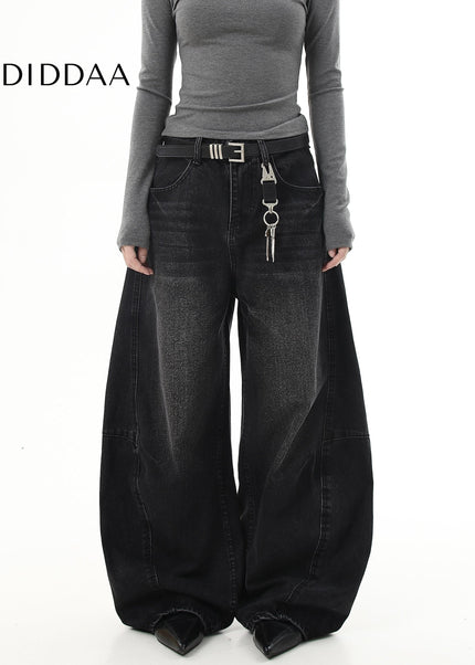 Black Retro Scimitar Loose Straight Wide-Leg Jeans - Women’s Jeans