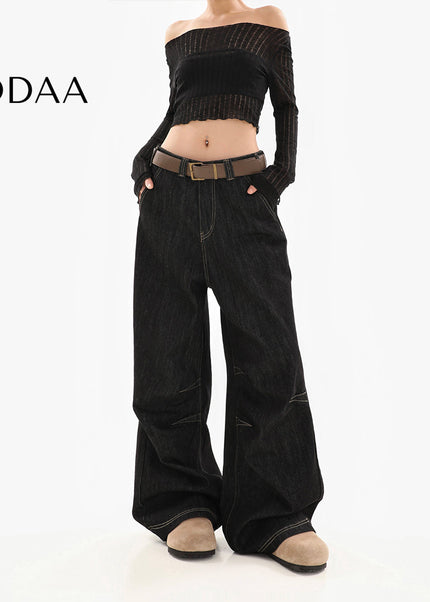 Black Retro Wash Loose Fit Wide-Leg Jeans - S / Black - Women’s Jeans