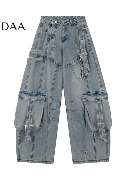 Black Ripped Multi-Pocket Wide-Leg Cargo Pants - S / Blue - Women’s Jeans