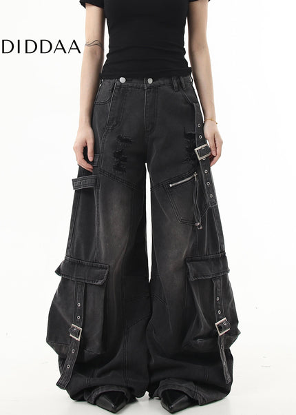 Black Ripped Multi-Pocket Wide-Leg Cargo Pants - Women’s Jeans