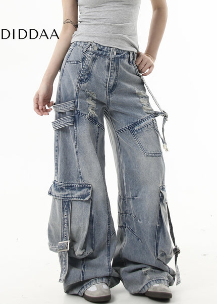 Black Ripped Multi-Pocket Wide-Leg Cargo Pants - Women’s Jeans