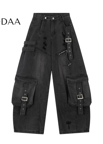 Black Ripped Multi-Pocket Wide-Leg Cargo Pants - S / Black - Women’s Jeans
