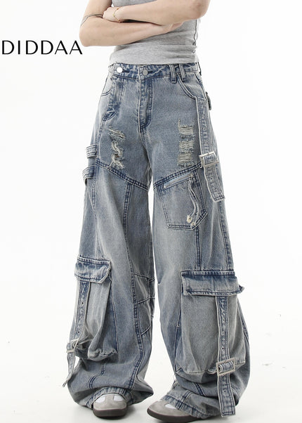 Black Ripped Scimitar Wide-Leg Multi-Pocket Cargo Pants - Women’s Jeans