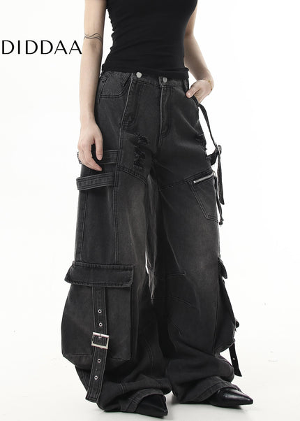 Black Ripped Scimitar Wide-Leg Multi-Pocket Cargo Pants - Women’s Jeans