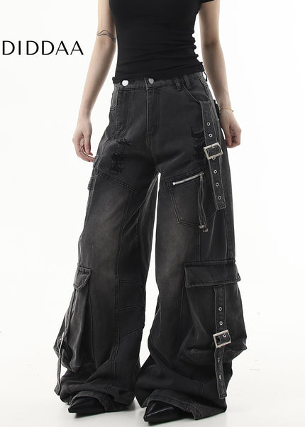 Black Ripped Scimitar Wide-Leg Multi-Pocket Cargo Pants - Women’s Jeans
