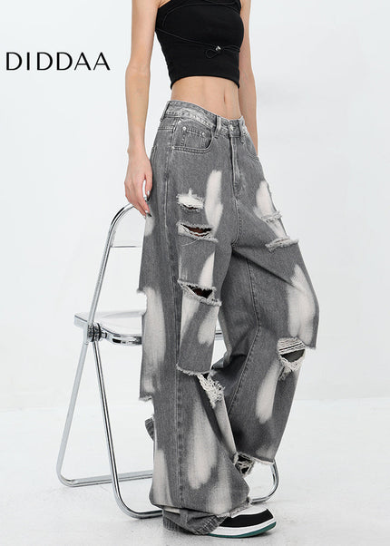 Black Ripped Wide-Leg Jeans for Women KEN STUDIO Summer - Women’s Jeans