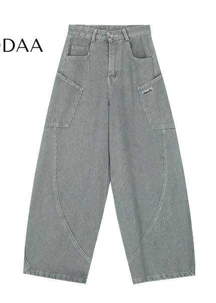 Black Striped Loose Wide-Leg Cargo Pants with Pockets - S / Blue - Women’s Jeans