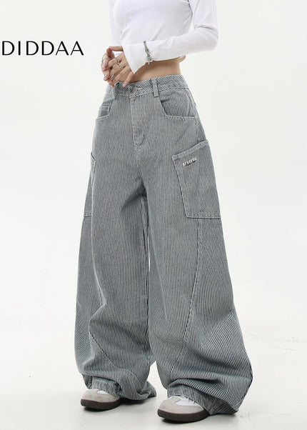 Black Striped Loose Wide-Leg Cargo Pants with Pockets - Women’s Jeans