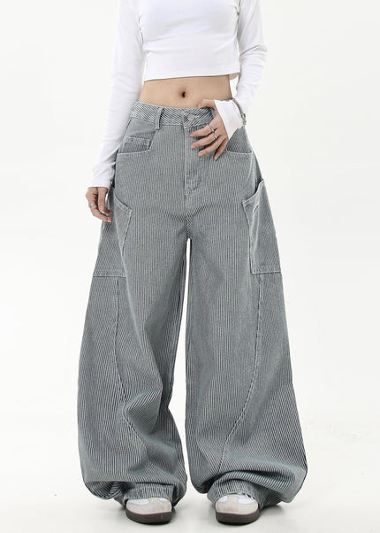 Black Striped Loose Wide-Leg Cargo Pants with Pockets - Women’s Jeans