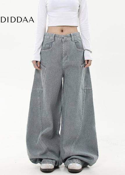 Black Striped Loose Wide-Leg Cargo Pants with Pockets - Women’s Jeans