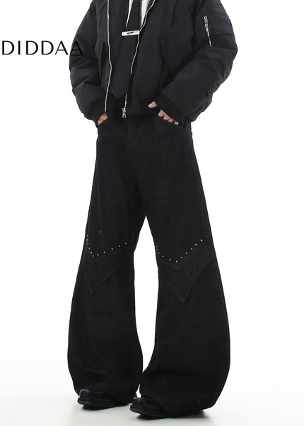 Black Studded Loose Fit Scimitar Wide Leg Pants - Women’s Jeans