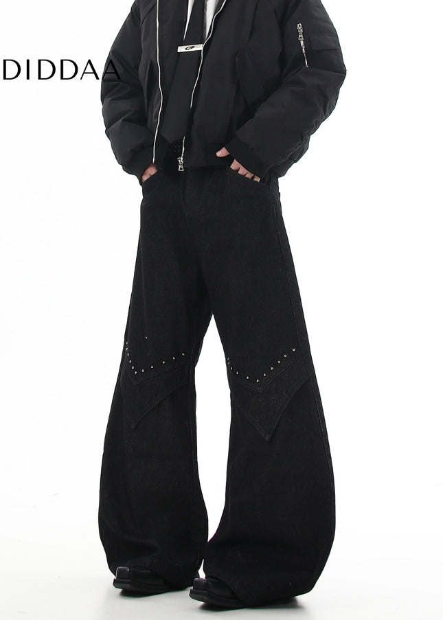 Black Studded Loose Fit Scimitar Wide Leg Pants - Women’s Jeans