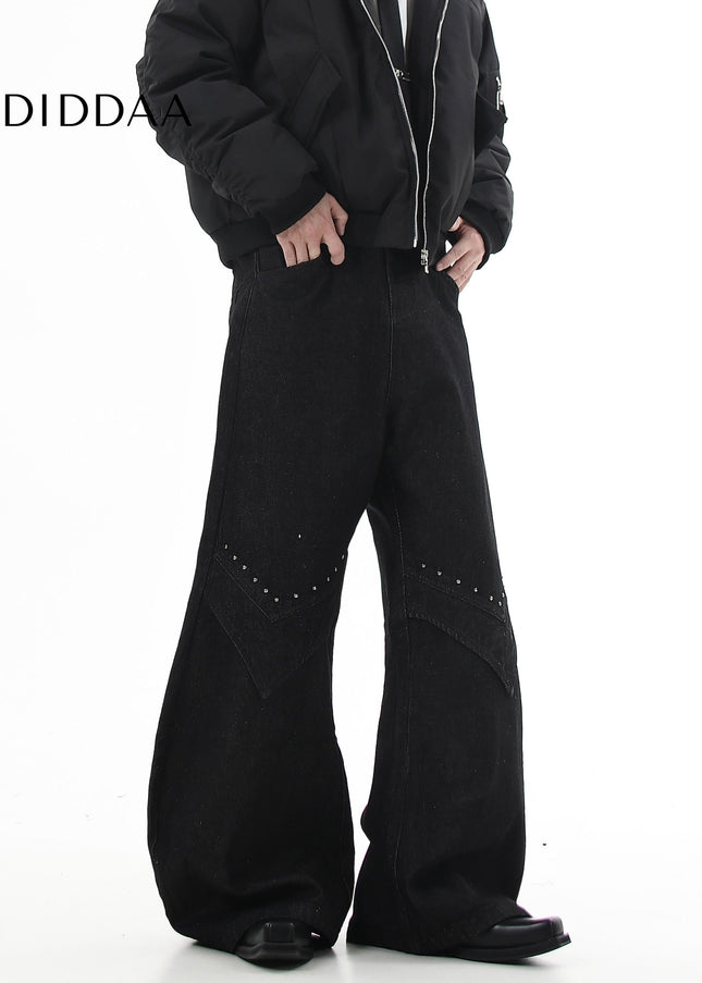 Black Studded Loose Fit Scimitar Wide Leg Pants - Women’s Jeans