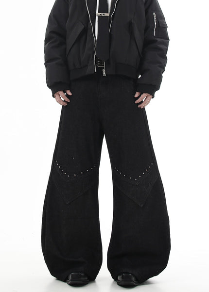 Black Studded Loose Fit Scimitar Wide Leg Pants - Women’s Jeans