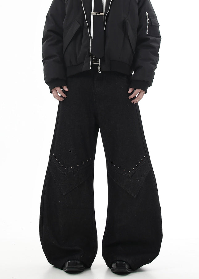 Black Studded Loose Fit Scimitar Wide Leg Pants - Women’s Jeans