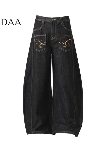 Black Vintage Embroidery Multi-Pocket Wide-Leg Cargo Pants - S / Black - Women’s Jeans