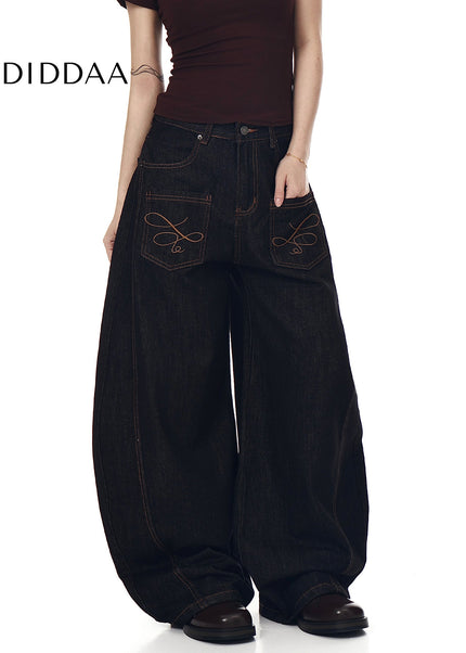Black Vintage Embroidery Multi-Pocket Wide-Leg Cargo Pants - Women’s Jeans