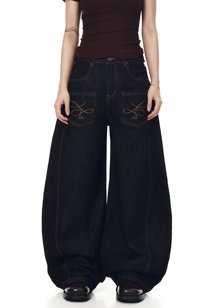 Black Vintage Embroidery Multi-Pocket Wide-Leg Cargo Pants - Women’s Jeans