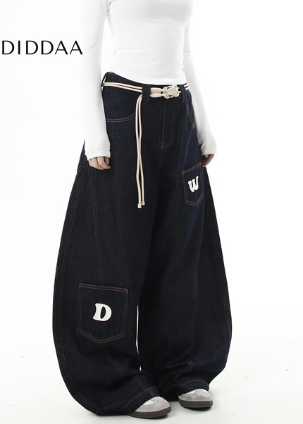 Black Vintage Letter Print Loose Wide-Leg Cargo Pants - Women’s Jeans