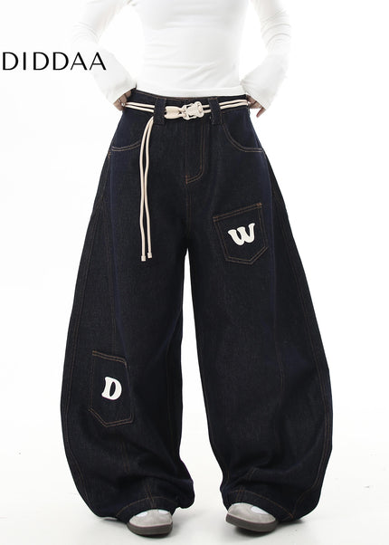 Black Vintage Letter Print Loose Wide-Leg Cargo Pants - Women’s Jeans