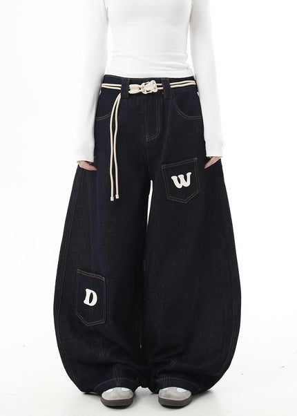 Black Vintage Letter Print Loose Wide-Leg Cargo Pants - Women’s Jeans