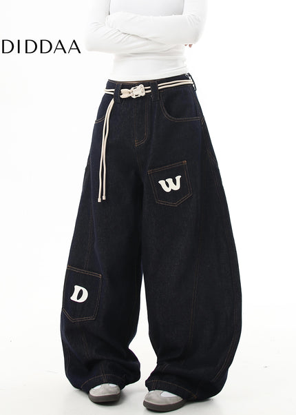 Black Vintage Letter Print Loose Wide-Leg Cargo Pants - Women’s Jeans