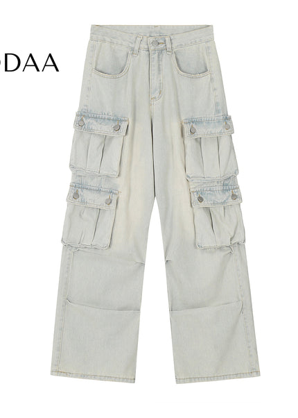 Black Vintage Multi-Pocket Cargo Jeans Loose Fit - S / Blue - Women’s Jeans